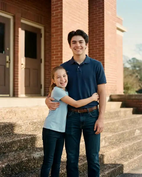 A senior and his little sister hugging on the school steps on the first day