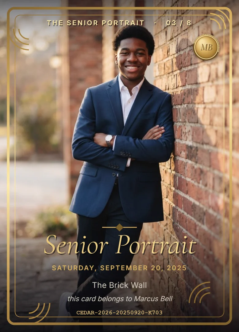 A senior in a navy blazer leaning on a brick wall, as photographed, on a keepsake card