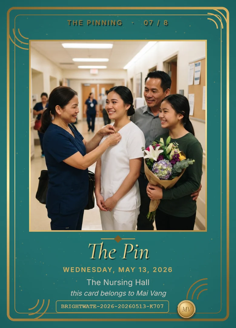 A nursing graduate in a white uniform as her mother in navy scrubs pins her collar, with her father and sister holding flowers, on a teal and silver keepsake card