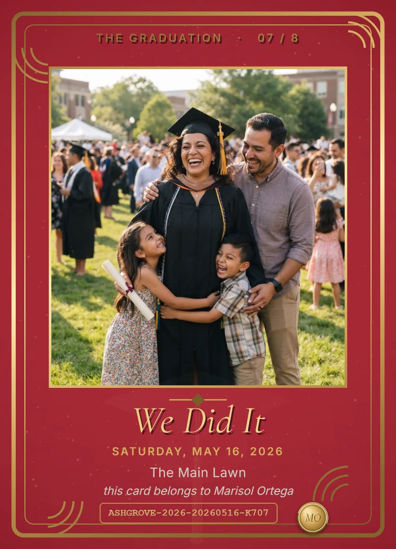 A mother in a black graduation gown laughing as her two children hug her and her husband puts an arm around her, on a red and white keepsake card